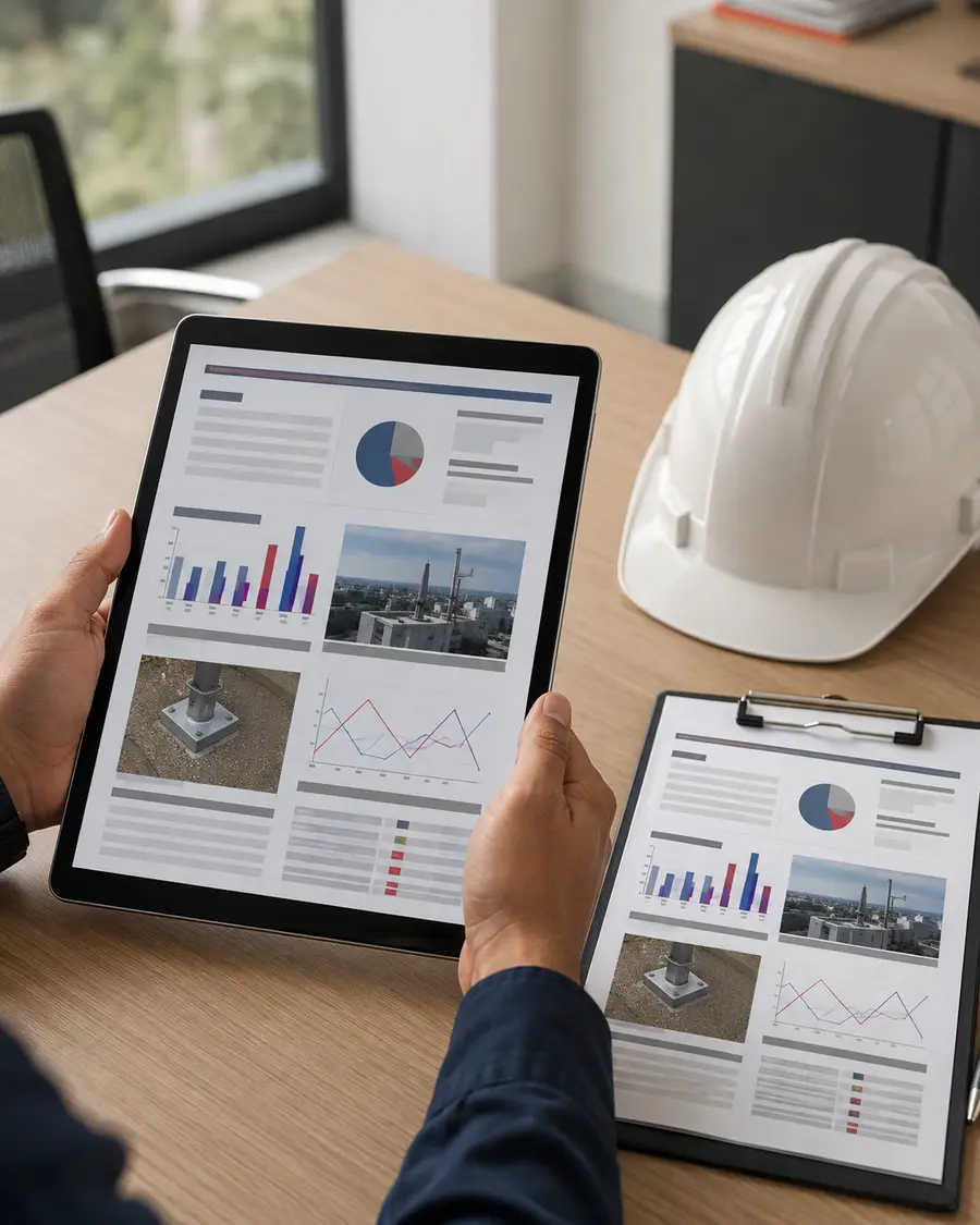 Relatório técnico de inspeção apresentado em tablet e prancheta